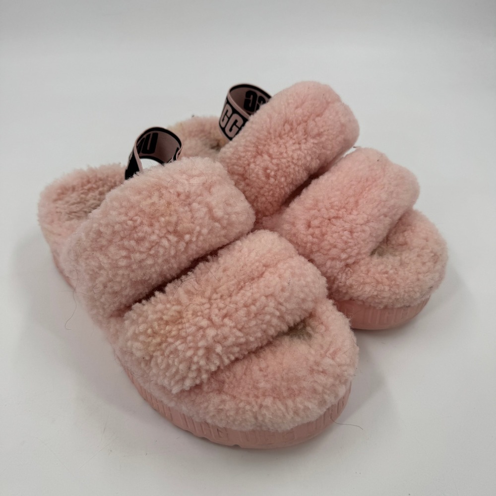 UGG Fluff Yeah Slide Women 9 Pink Sheepskin Platform Slingback Sandal Slippers - Picture 3 of 7